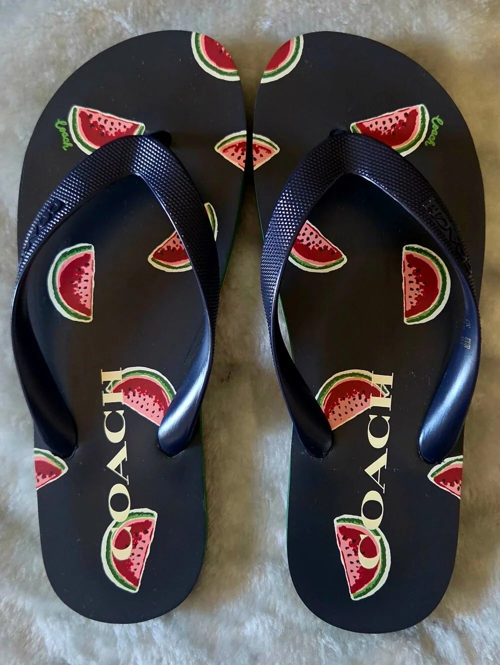 COACH Black Flip Flops with Watermelon Print